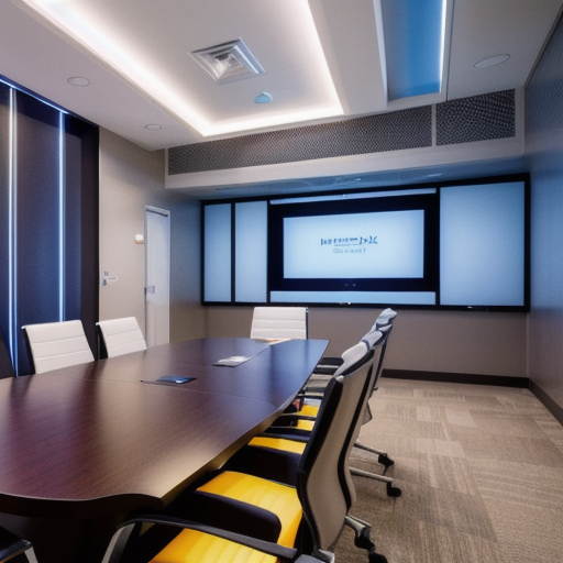 Executive briefing room with analytics boards, no people